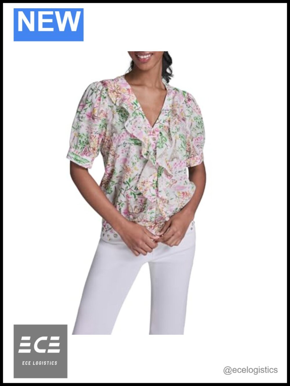 Ruffle Blouse with Floral Print V-Neck Cap Sleeve Button Pullover Work Top